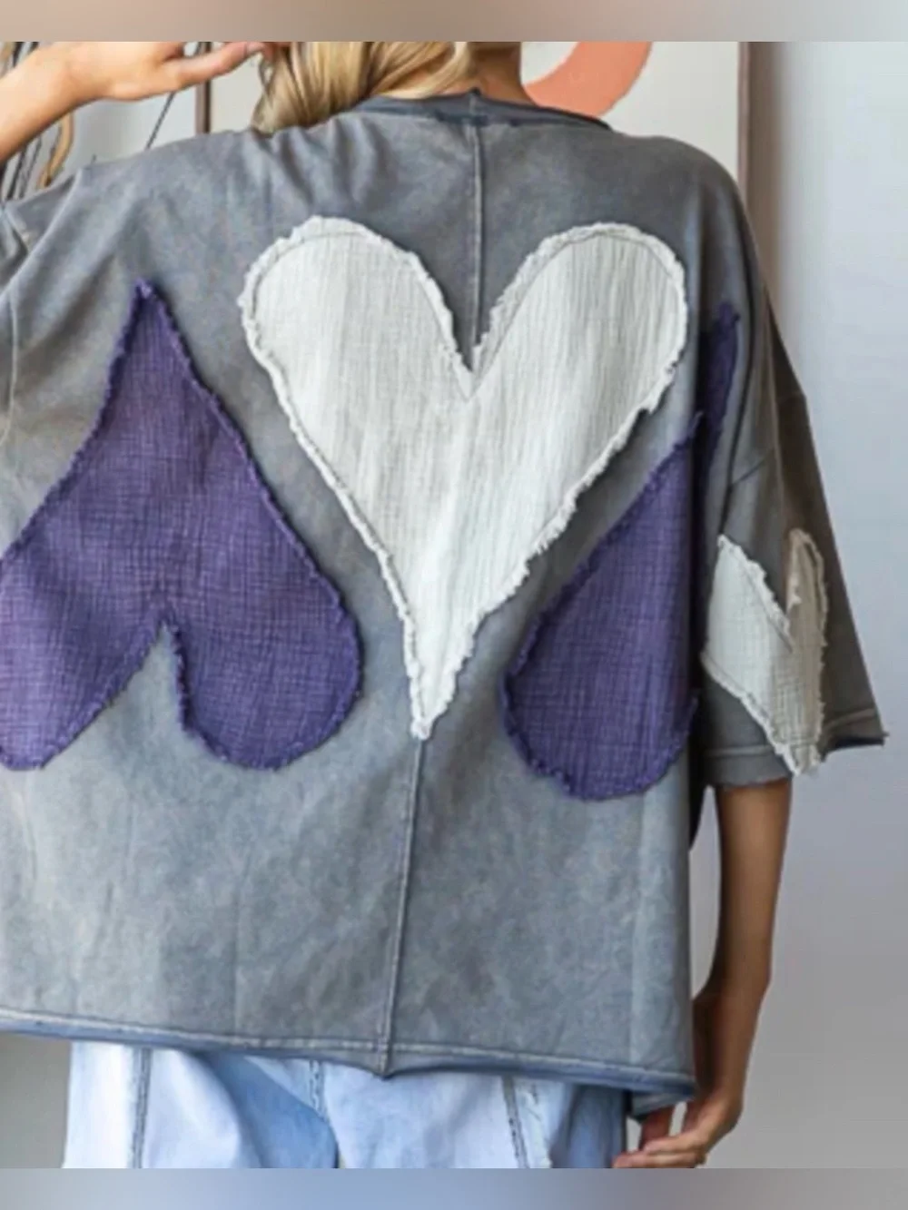 Oli & Hali Gray Tee with Cream and Deep Purple Heart Patches - Picture 4 of 14